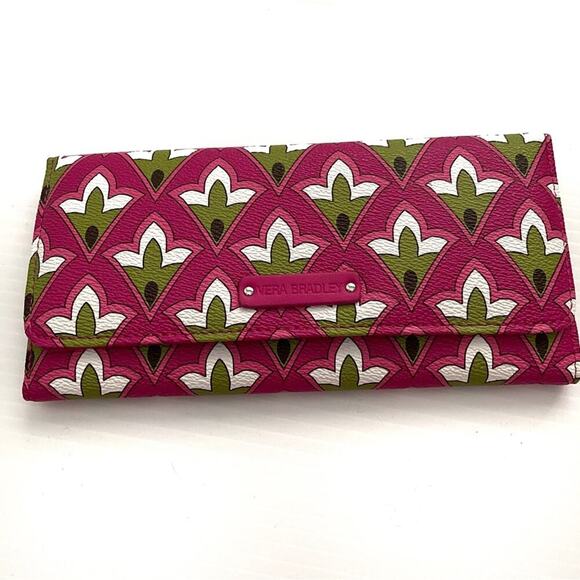 Vera Bradley trifold wallet pink white and green abstract floral pattern - Picture 1 of 5